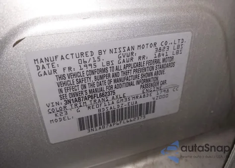 2015 Nissan Sentra Sv z USA, uszkodzony, nr VIN 3N1AB7AP6FL662375